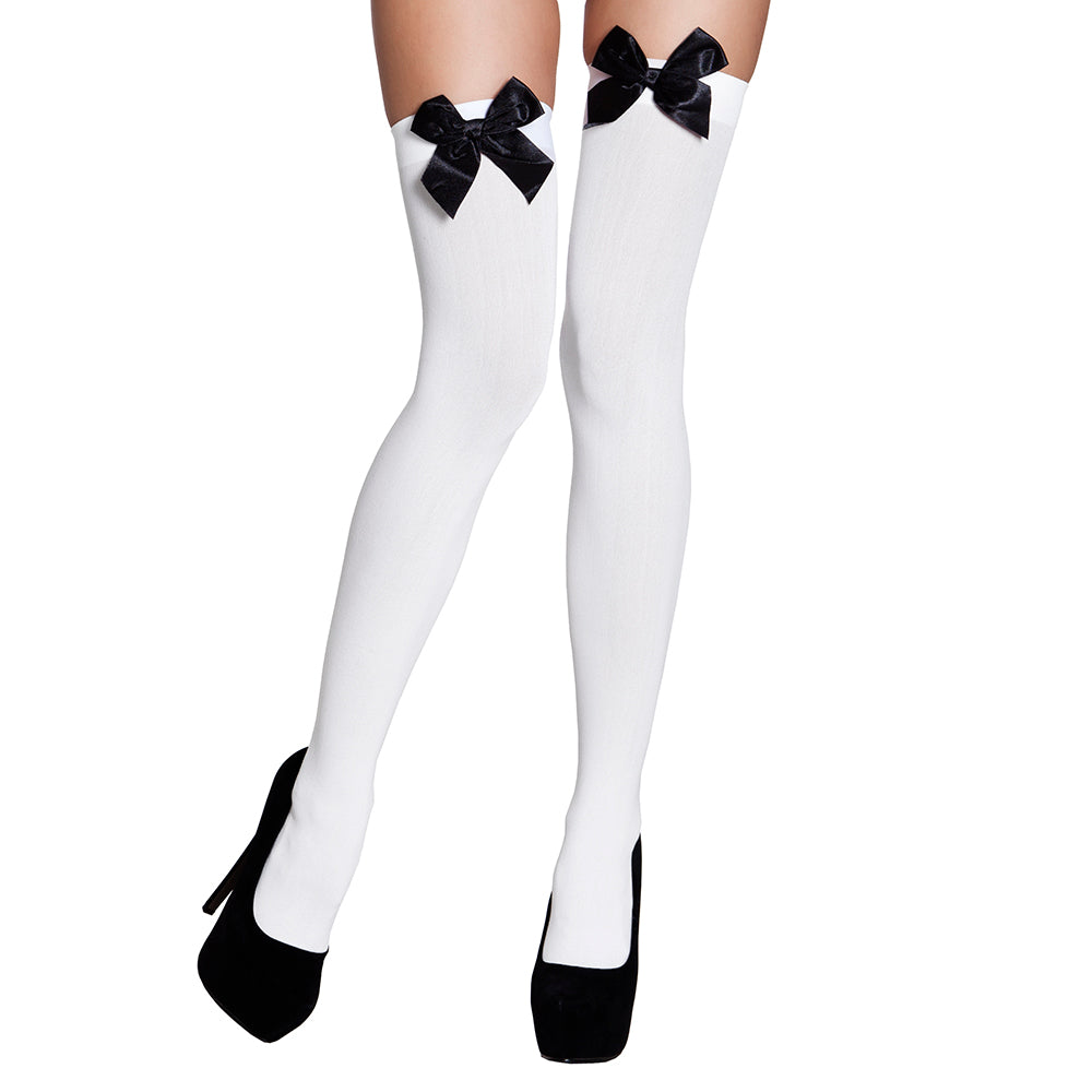 White Thigh High Stockings with Black Bow