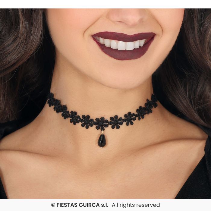 Black Embroidered Choker With Flowers