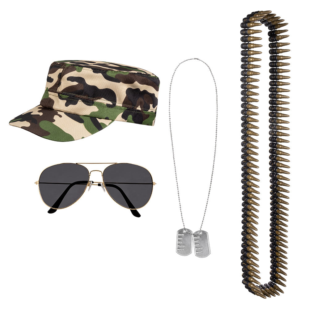 Soldier Set (Cap, Party Glasses, Dog Tags and Bullet Belt)